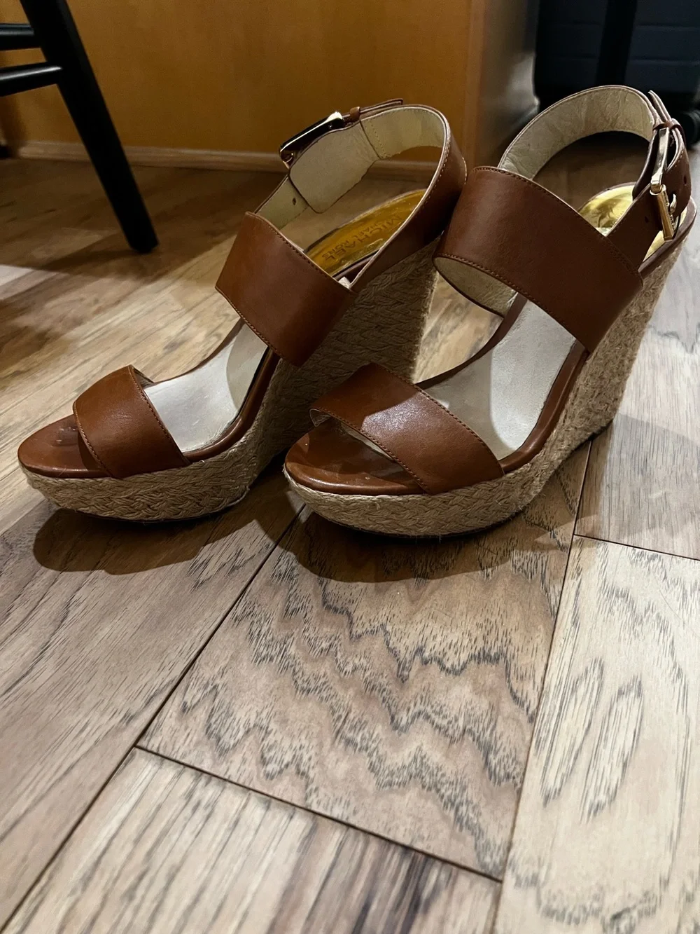 Michael Kors Poesy Tan Leather Espadrille Wedge Sandals